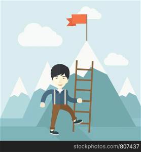 A chinese businessman standing while holding the career ladder getting the red flag a step to reach his goal to be a successful businessman. Leadership concept. A contemporary style with pastel palette soft blue tinted background with desaturated clouds. Vector flat design illustration. Square layout. . Step for success.