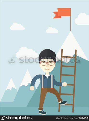 A chinese businessman standing while holding the career ladder getting the red flag a step to reach his goal to be a successful businessman. Leadership concept. A contemporary style with pastel palette soft blue tinted background with desaturated clouds. Vector flat design illustration. Vertical layout. . Step for success.