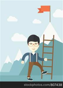 A chinese businessman standing while holding the career ladder getting the red flag a step to reach his goal to be a successful businessman. Leadership concept. A contemporary style with pastel palette soft blue tinted background with desaturated clouds. Vector flat design illustration. Vertical layout. . Step for success.