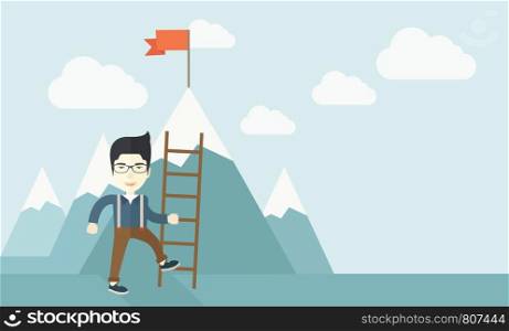 A chinese businessman standing while holding the career ladder getting the red flag a step to reach his goal to be a successful businessman. Leadership concept. A contemporary style with pastel palette soft blue tinted background with desaturated clouds. Vector flat design illustration. Horizontal layout. . Step for success.