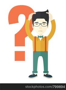 A chinese businessman with a problem standing scratching his head with question mark at his back. Unhappy concept. A contemporary style. Vector flat design illustration with isolated white background. Vertical layout. Chinese businessman with a problem.