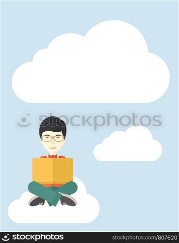 A chinese guy sitting on a cloud having a great idea while reading a book. Business concept. A Contemporary style with pastel palette, soft blue tinted background with desaturated cloud. Vector flat design illustration. Vertical layout. Chinese guy reading a book