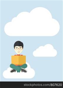 A chinese guy sitting on a cloud having a great idea while reading a book. Business concept. A Contemporary style with pastel palette, soft blue tinted background with desaturated cloud. Vector flat design illustration. Vertical layout. Chinese guy reading a book