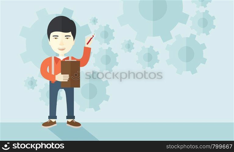 A chinese lecturer preparing his report on statiscal diagram with his pen and notebook. A contemporary style with pastel palette soft blue tinted background. Vector flat design illustration. Horizontal layout.. Chinese lecturer with gears background