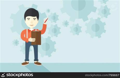 A chinese lecturer preparing his report on statiscal diagram with his pen and notebook. A contemporary style with pastel palette soft blue tinted background. Vector flat design illustration. Horizontal layout.. Chinese lecturer with gears background