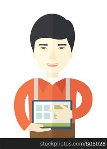 A chinese man standing while his hand pointing to the tablet to do his office presentation with the schedule of financial market. Business concept. A contemporary style. Vector flat design illustration with isolated white background. Vertical layout. . Chinese man standing with his tablet.