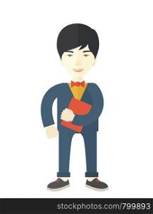 A chinese office clerk standing holding a book under his arm. A contemporary style. Vector flat design illustration with isolated white background. Vertical layout. . Man holding book under his arm.