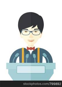 A chinese speaker stands behind a podium with microphones makes a business report and marketing strategy inside the conference room. Presentation, reporting concept. A contemporary style. Vector flat design illustration with isolated white background. Vertical layout. . Chinese speaker stand behind a podium.