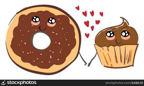 A chocolate donut and a cupcake holding hands with red heart in between, vector, color drawing or illustration.