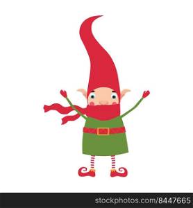 A Christmas elf in a red hat smiles and waves his hands. Adorable new year childrens illustration