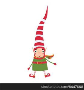 A Christmas elf in a red striped hat smiles. Adorable new year childrens illustration