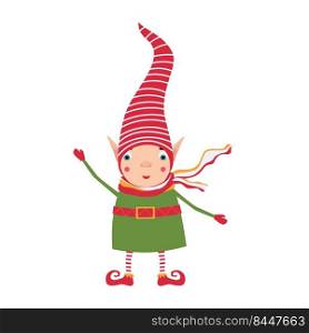 A Christmas elf in a red striped hat smiles and waves his hand in greeting. Adorable new year childrens illustration
