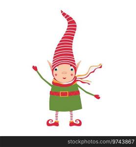 A christmas elf in red striped hat smiles Vector Image