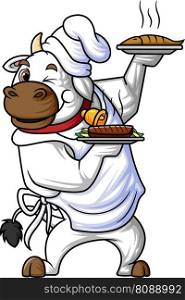 a chubby cartoon cow working as a professional chef, carrying two plates of hot food of illustration