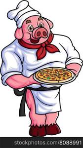 a chubby cartoon pig working as a professional chef, carrying a large pizza on a plate of illustration