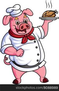a chubby cartoon pig working as a professional chef, carrying a plate of fried chicken of illustration