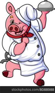 a chubby cartoon pig working as a professional chef, feeling happy and dancing while carrying an iron plate of illustration