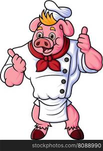 a chubby cartoon pig working as a professional chef, giving a thumbs up of illustration
