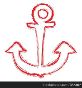 A classic drawing of a big anchor, outlined with color red and white, vector, color drawing or illustration.