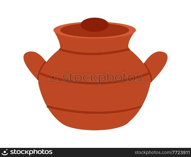 A clay dishes kitchen utensil isolated on a white background. Covered brown pan flat vector illustration. Dishes for boiling and cooking at home. Pan with lid and handles equipment for dining room. A clay dishes kitchen utensil isolated on a white background. Covered brown pan with lid and handles