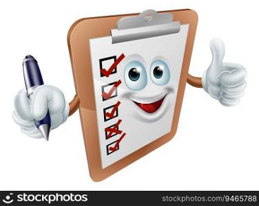 A clip board mascot or survey person holding a  pen and doing a thumbs up gesture. Thumbs up survey man and pen