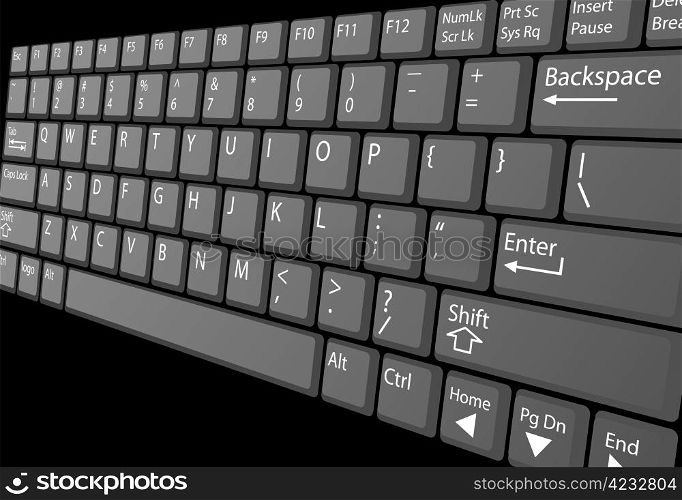 A closeup view of a laptop computer keyboard with white key labels, isolated on black.