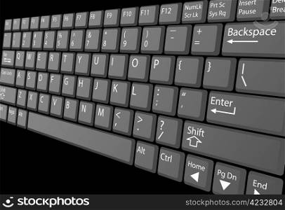 A closeup view of a laptop computer keyboard with white key labels, isolated on black.