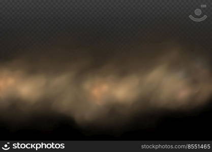 A cloud of brown dust and sand with particles of flying dry sand and dirt.Trace on a dusty road or highway from a car.Clubs of dark smoke.Realistic illustration on a transparent background.