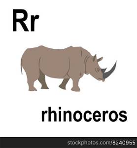 A clumsy huge rhinoceros, a gray skin and a terrible horn, jungle and savannah, ABC children’s banner. Postcards, a poster with the alphabet.  Game room design. Vector