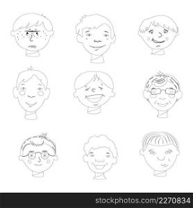 A collection of boys&rsquo; faces with different emotions. Vector illustration of doodles. A set of cute avatars.