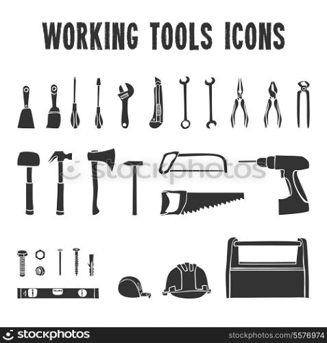 A collection of decorative construction or carpenter tool black icons set isolated vector illustration