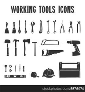A collection of decorative construction or carpenter tool black icons set isolated vector illustration