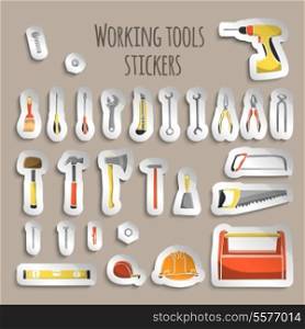 A collection of decorative construction or carpenter tool icons on stickers set illustration