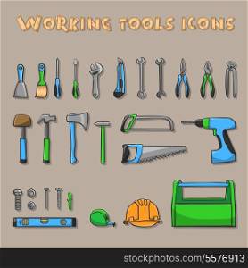 A collection of decorative construction or carpenter tool icons set on beige background vector illustration