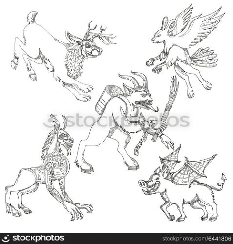 A collection of doodle art illustrations that includes the following mythical creatures from legend folklore; jackalope, krampus, skraver, wendigo and wild boar with bat wings on isolated background.. Mythical Creatures Doodle Art Collection