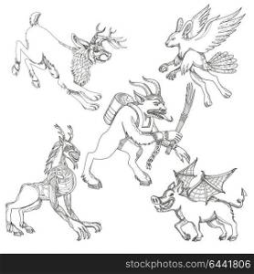 A collection of doodle art illustrations that includes the following mythical creatures from legend folklore; jackalope, krampus, skraver, wendigo and wild boar with bat wings on isolated background.. Mythical Creatures Doodle Art Collection