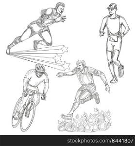 A collection of doodle art illustrations that includes the following sports; track and field runner, marathon or triathlete runner, obstacle course race and bicycle or cycling done in black and white.. Track and Field Cycling Sports Doodle Collection