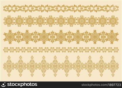 A collection of five horizontal decorative ornaments. Set of patterned borders in antique style. Vector design element. Computer graphics.