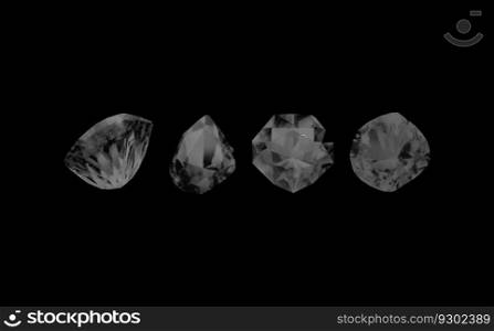 A collection of images of diamonds of various geometric shapes, colors and sizes.Glass shiny crystals with different shades reflecting light.
