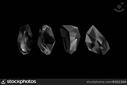A collection of images of diamonds of various geometric shapes, colors and sizes.Glass shiny crystals with different shades reflecting light.