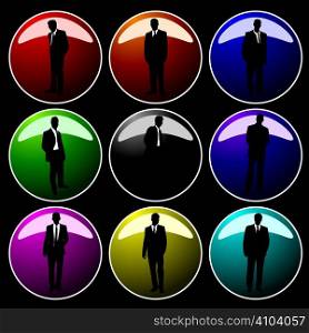 A collection of nine coloured buttons with business men