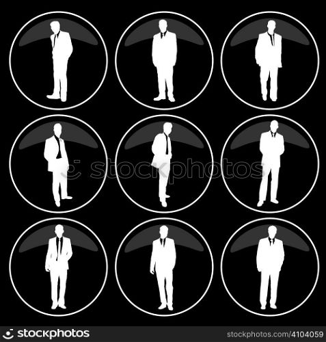 A collection of nine office buttons with business men depicted in them