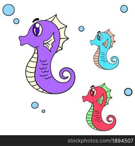 a collection of sea horses swimming. cartoon illustration cute sticker