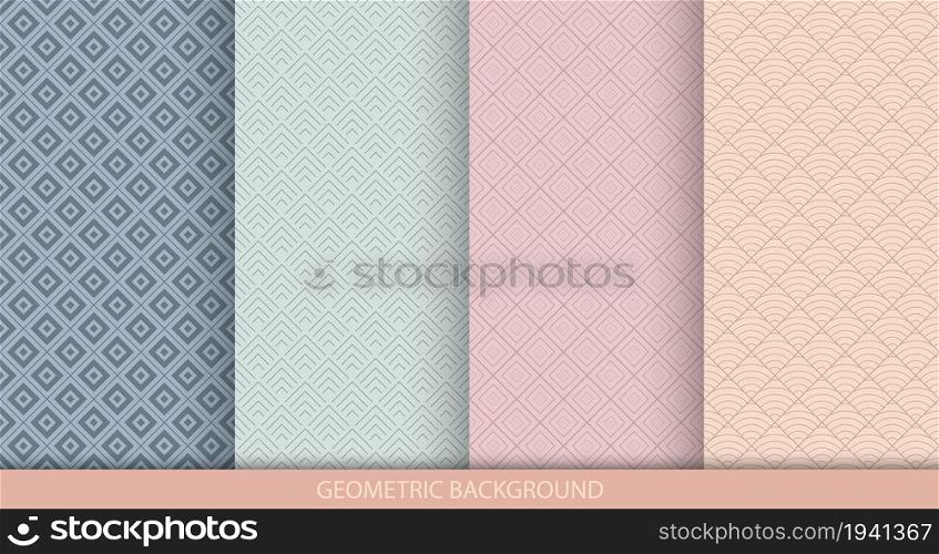 A collection of seamless geometric patterns in pastel colors. Abstract minimalistic geometric textures. Vector illustration.