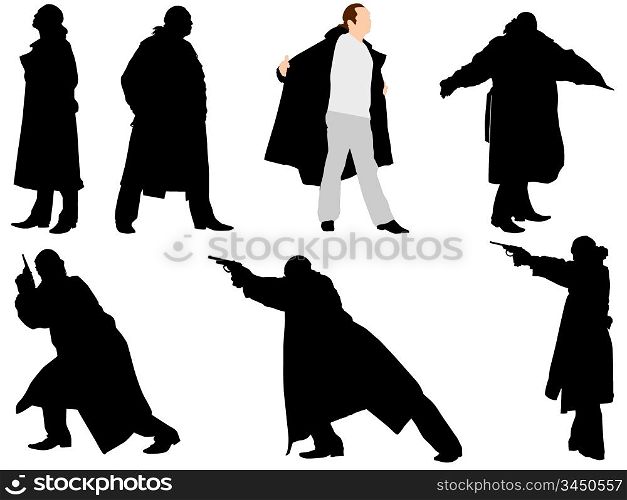 A collection of silhouettes of gangsters. Vector