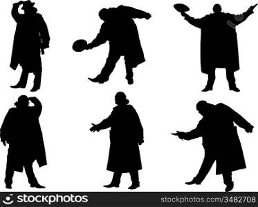 A collection of silhouettes of men in a cloak with a hat. Vector