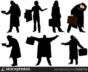 A collection of silhouettes of men in a cloak with a suitcase. Vector