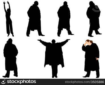 A collection of silhouettes of men in trench coat. Vector