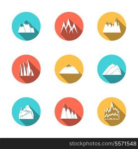 A collection of snowy mountains peaks outlines pictograms icons in circles set flat vector illustration