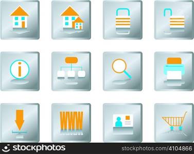 A collection of twelve buttons in orange and blue with a silver background for use on websites